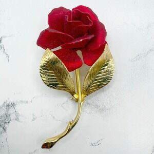 Vintage Cerrito Red Rose Brooch Gold Tone Floral Pin 2.25"